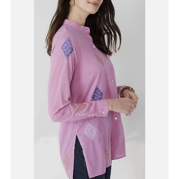 J. JILL Tunic Shirt Camellia Pink Embroidered Cotton Button Up LS Boho - Picture 4 of 12